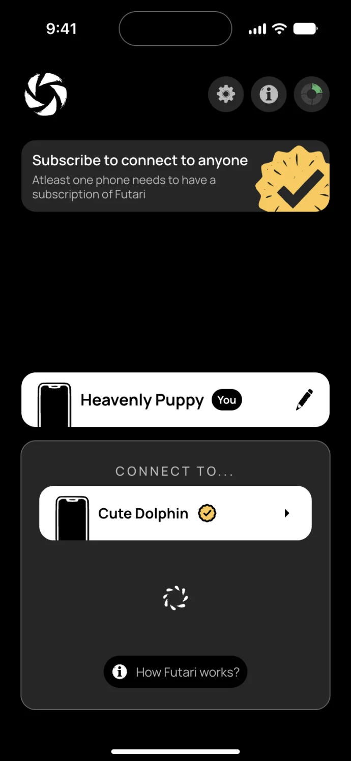 Futari's Home screen on an iPhone, searching for devices, with a nearby phone named Cute Dolphin listed under Connect to