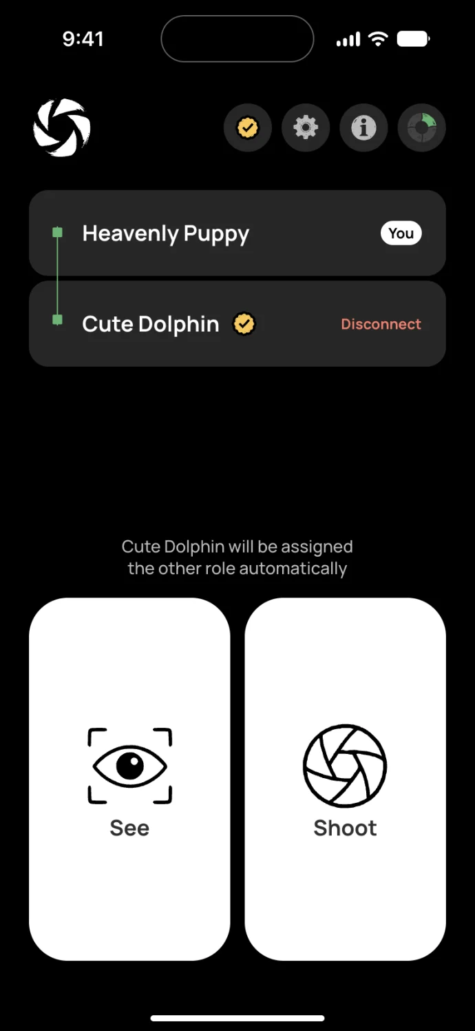 Futari's role picker after two iPhones connect, with a See button and a Shoot button