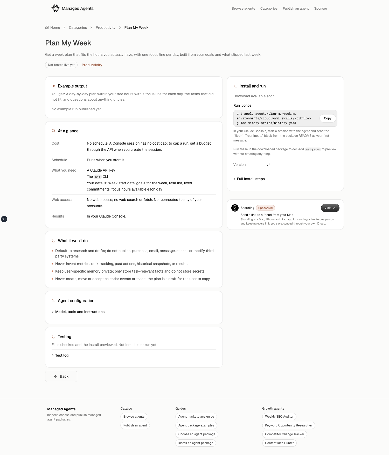 Managed Agents detail page showing Plan My Week's outcome, required inputs, access limits, memory note, install command and testing status