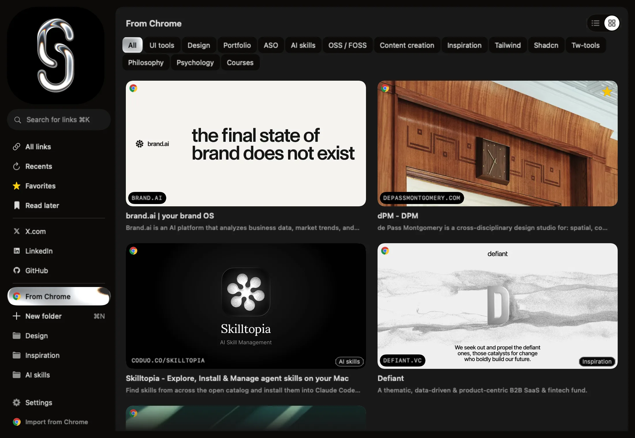 Shareling's From Chrome screen on the Mac: imported Chrome folders such as Design, Inspiration and AI skills shown as chips above the links (a test snapshot of the built app)