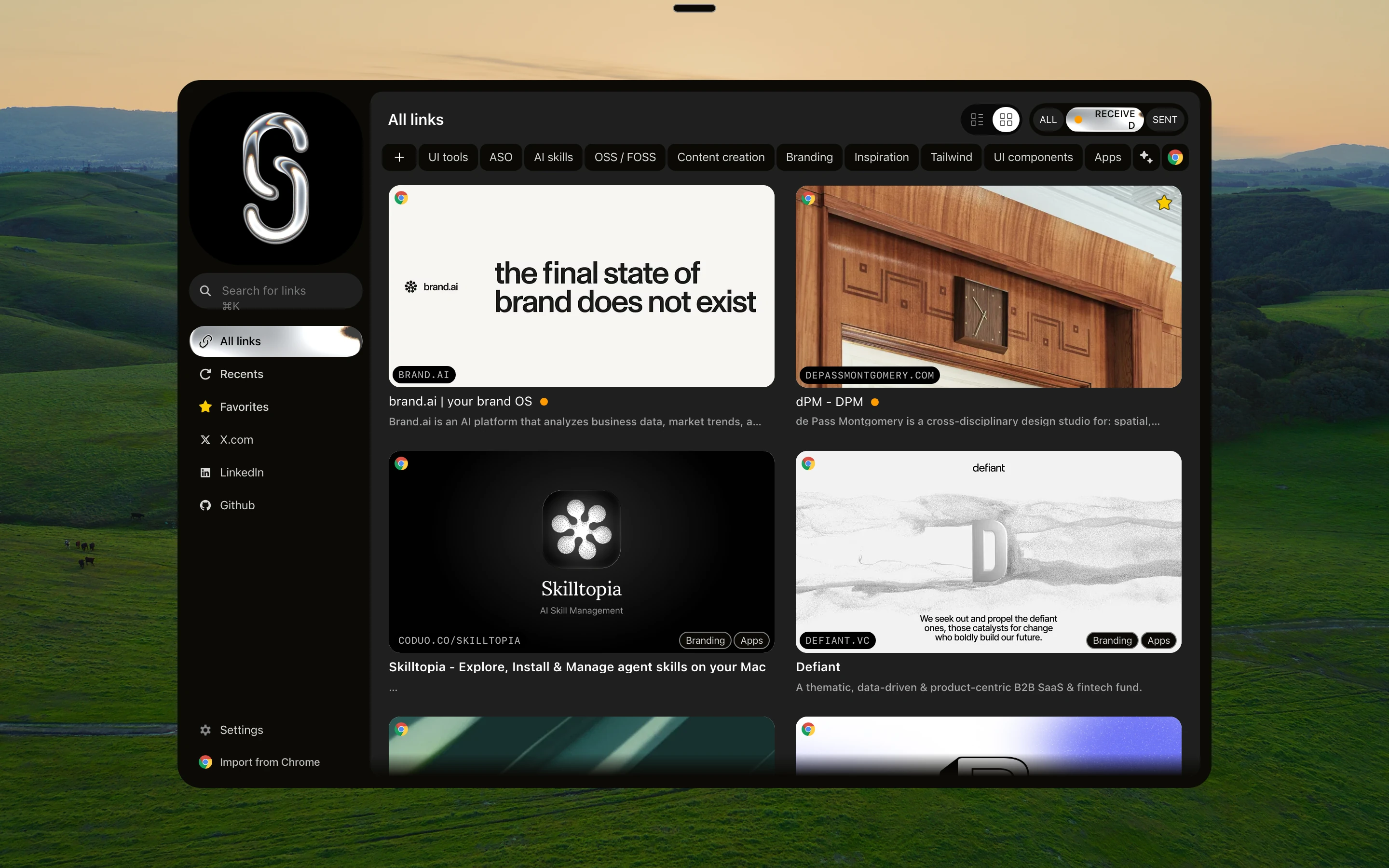 Shareling design board, not the built app: the Mac library showing All links, a row of folders such as UI tools, Branding and Apps, and link cards where one link carries both the Branding and Apps folders