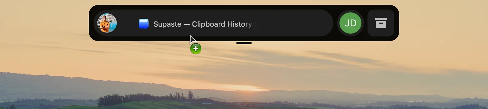 Shareling design board, not the released app: the notch capsule open while a link is dragged over it, showing the page title next to a person's bubble