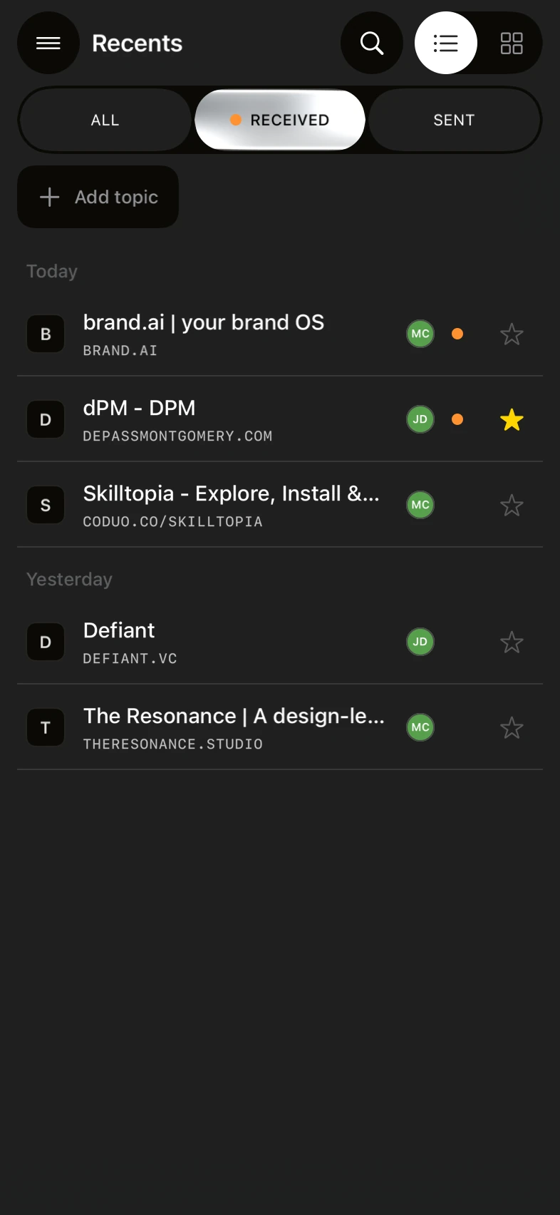 Shareling's library on iPhone, a snapshot-test render of the built app with sample data: Recents with the Received filter on, links grouped under Today and Yesterday, each with the sender's initials and a star, two of them marked unread with a dot