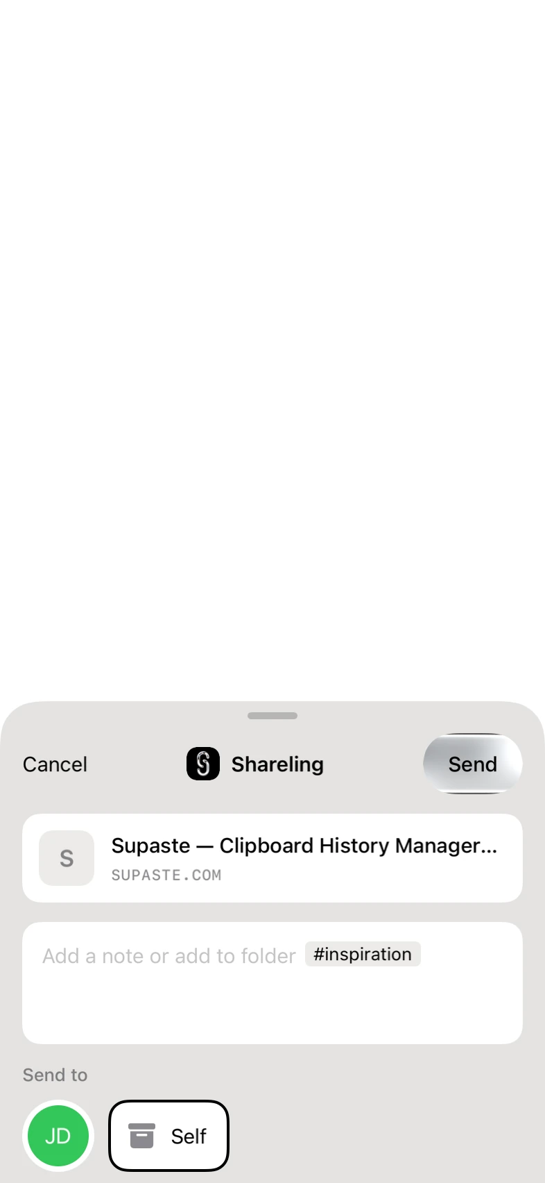 Shareling's share sheet on iPhone, from the app's snapshot tests, with sample data: the shared page's title and site, a field reading "Add a note or add to folder" with an #inspiration folder chip, and Send to showing one person's initials beside Self
