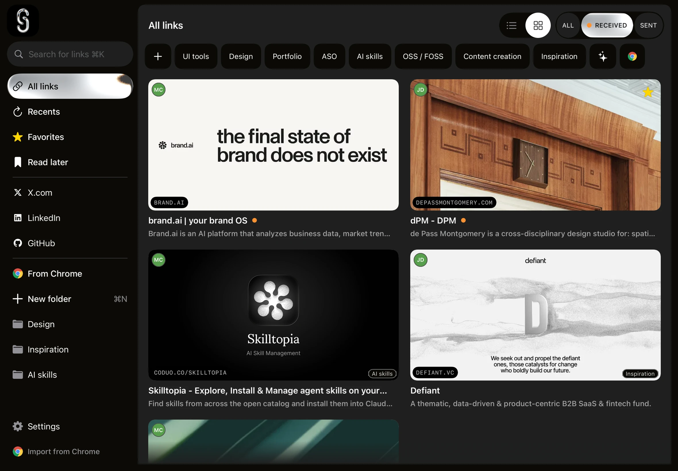 Shareling's library on iPad, from the app's snapshot tests with sample content: All links, a row of folders, link cards marked with the sender's initials, and the All, Received and Sent switch