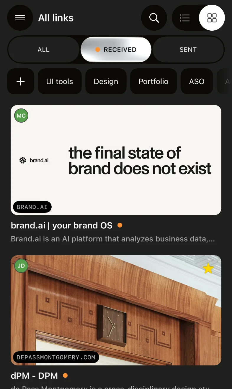 Shareling's library on iPhone with the Received filter selected: each card shows the sender's initials, the site and the page title (a test snapshot of the built app)