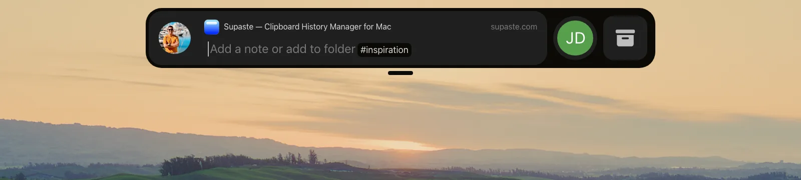 Design board of Shareling's notch capsule after the drop: the page title, the site's domain, and a field reading "Add a note or add to folder" with an #inspiration folder chip