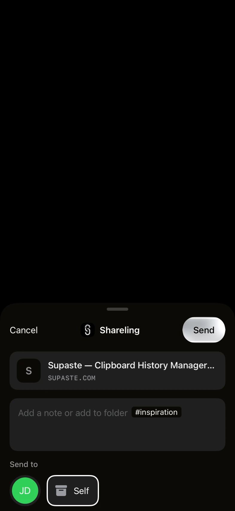Shareling's share sheet on iPhone, from the app's snapshot tests: the page preview, a note field with an #inspiration folder chip, and Send to showing a person and Self