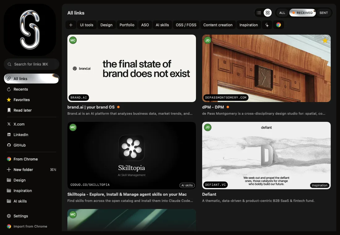 Shareling's library on the Mac, from the app's snapshot tests: the sidebar lists All links, Recents, Favorites and Read later, then X.com, LinkedIn and GitHub, and the All / Received / Sent pill sits at the top right