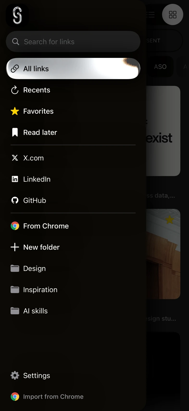 The Shareling library sidebar on iPhone, with the X.com source listed under Favorites and Read later