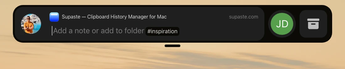 Shareling design board, not the built app: the capsule at the top of a Mac screen after a link is dropped, with the page title, its site, a field reading "Add a note or add to folder" and an #inspiration folder chip
